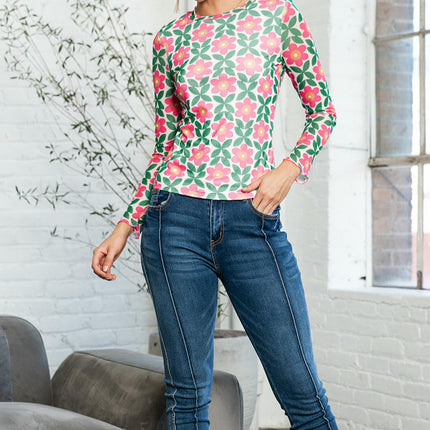 Women's Casual Long Sleeve Print Tops Crew Neck Bodycon Trendy T Shirts