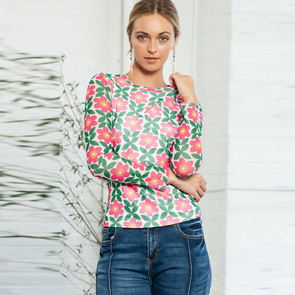 Women's Casual Long Sleeve Print Tops Crew Neck Bodycon Trendy T Shirts
