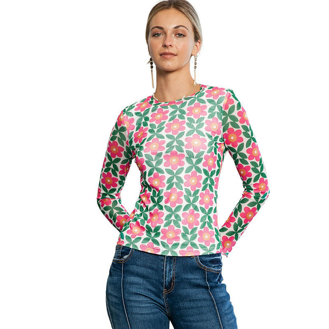 Women's Casual Long Sleeve Print Tops Crew Neck Bodycon Trendy T Shirts
