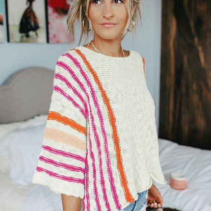 Womens Casual Color Block Striped Lightweight Comfy Cable Knit Top  Pullover Sweaters