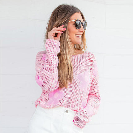 Womens Crewneck Long Sleeve Sweater Casual Lightweight Hollow Out Knit Tops