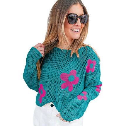 Womens Crewneck Long Sleeve Sweater Casual Lightweight Hollow Out Knit Tops