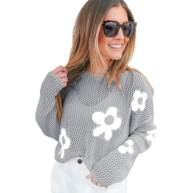 Womens Crewneck Long Sleeve Sweater Casual Lightweight Hollow Out Knit Tops