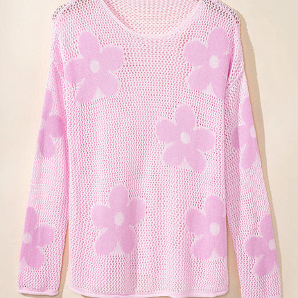 Womens Crewneck Long Sleeve Sweater Casual Lightweight Hollow Out Knit Tops