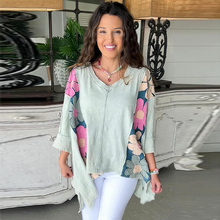 Women's Oversized V Neck Asymmetrical Hem Long Sleeve Loose T-Shirt Top
