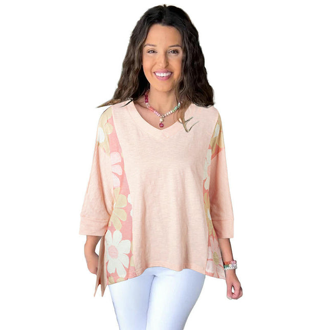 Women's Oversized V Neck Asymmetrical Hem Long Sleeve Loose T-Shirt Top
