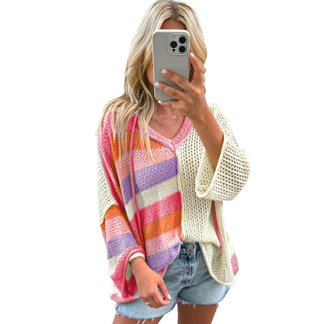 Womens Color Block Hooded Sweaters Color Block Long Sleeve V Neck Pullover Sweater Tops