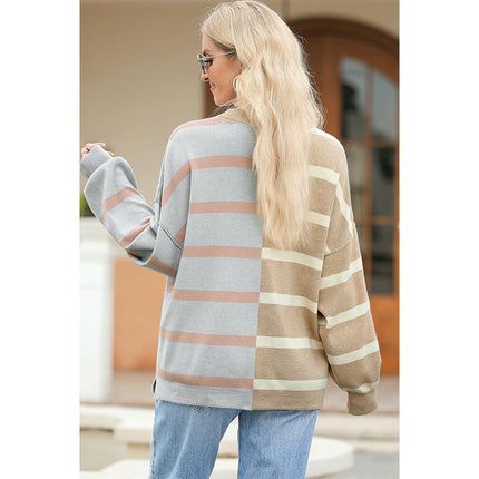Womens Casual Long Sleeve Crewneck Sweaters Color Block Striped Knit Lightweight Pullover Tops