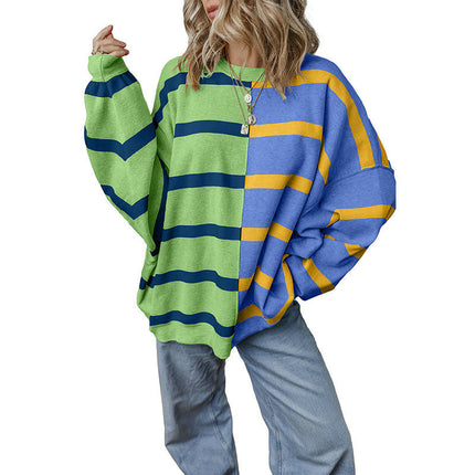 Womens Casual Long Sleeve Crewneck Sweaters Color Block Striped Knit Lightweight Pullover Tops