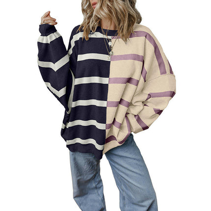 Womens Casual Long Sleeve Crewneck Sweaters Color Block Striped Knit Lightweight Pullover Tops