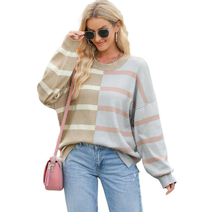 Womens Casual Long Sleeve Crewneck Sweaters Color Block Striped Knit Lightweight Pullover Tops
