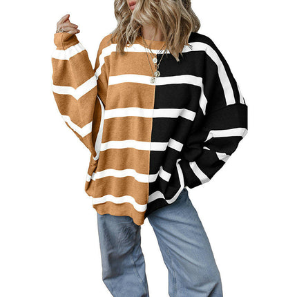 Womens Casual Long Sleeve Crewneck Sweaters Color Block Striped Knit Lightweight Pullover Tops