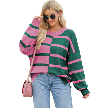 Womens Casual Long Sleeve Crewneck Sweaters Color Block Striped Knit Lightweight Pullover Tops