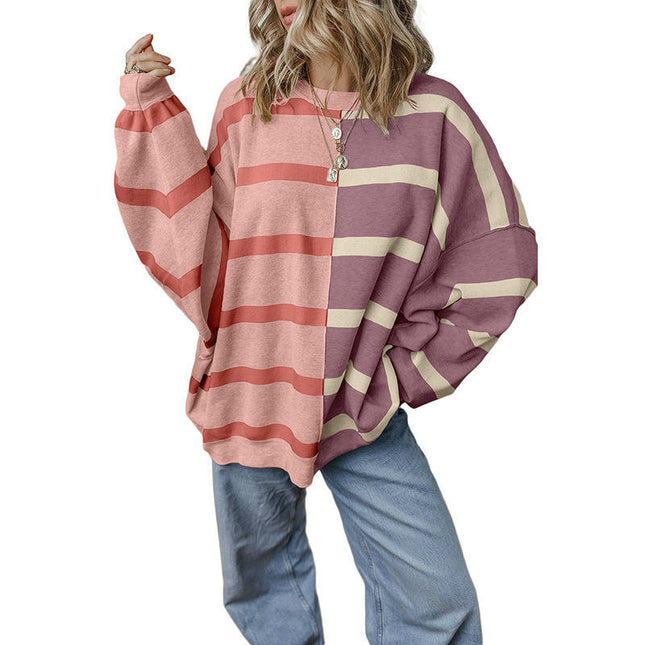 Womens Casual Long Sleeve Crewneck Sweaters Color Block Striped Knit Lightweight Pullover Tops