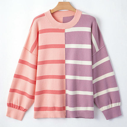 Womens Casual Long Sleeve Crewneck Sweaters Color Block Striped Knit Lightweight Pullover Tops