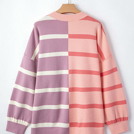 Womens Casual Long Sleeve Crewneck Sweaters Color Block Striped Knit Lightweight Pullover Tops