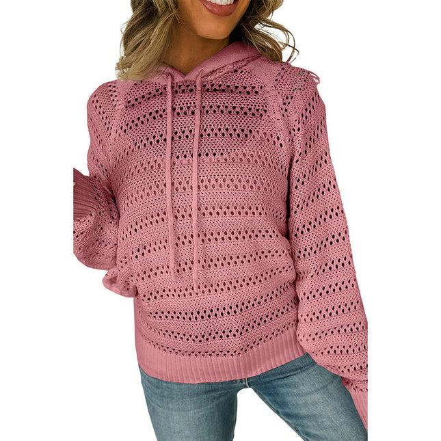 Women's Long Sleeve Hooded Sweater Hollow Out Loose Pullover Tops