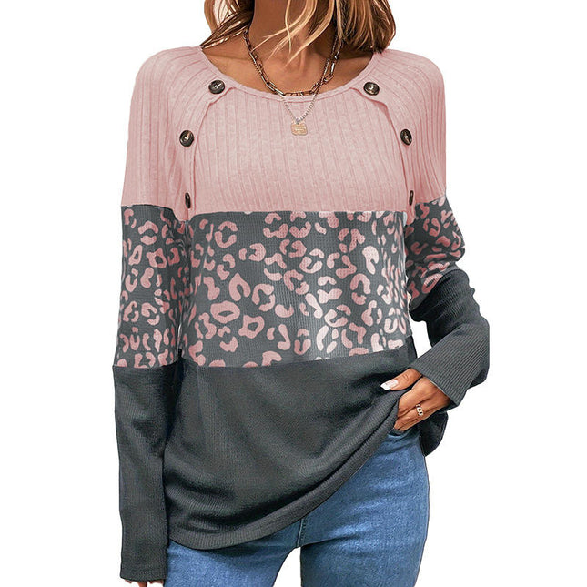 Women's Color Block T-Shirts Button Crewneck Long Sleeve Casual Tops