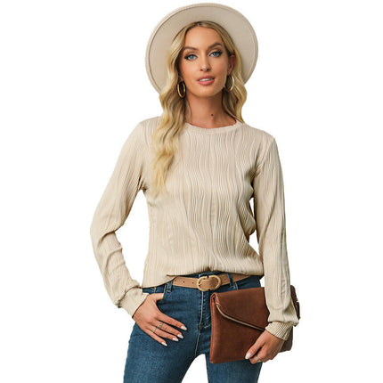 Womens Long Sleeve Textured T Shirts Fashion Crewneck Casual Tops