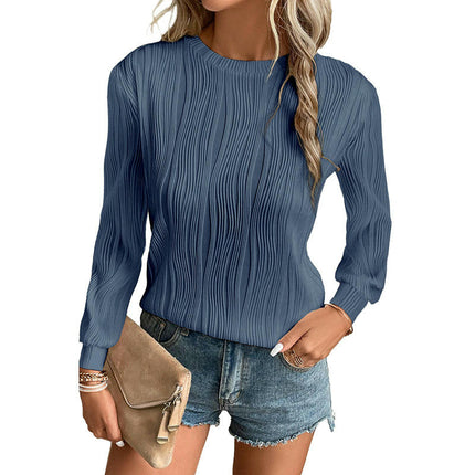 Womens Long Sleeve Textured T Shirts Fashion Crewneck Casual Tops