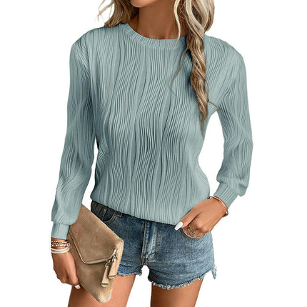 Womens Long Sleeve Textured T Shirts Fashion Crewneck Casual Tops