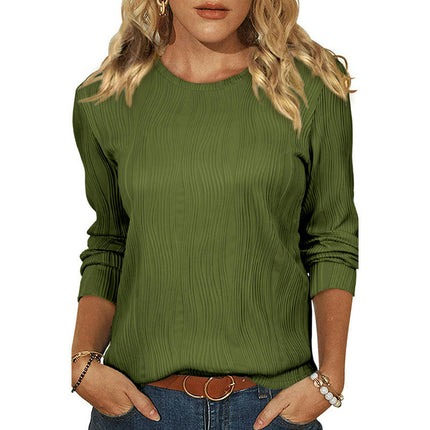 Womens Long Sleeve Textured T Shirts Fashion Crewneck Casual Tops
