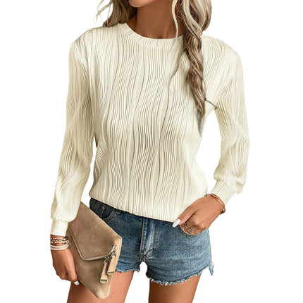 Womens Long Sleeve Textured T Shirts Fashion Crewneck Casual Tops