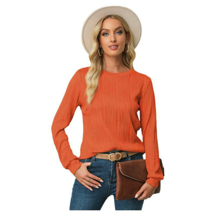 Womens Long Sleeve Textured T Shirts Fashion Crewneck Casual Tops