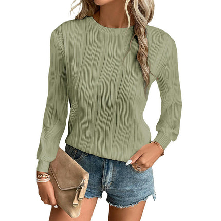 Womens Long Sleeve Textured T Shirts Fashion Crewneck Casual Tops