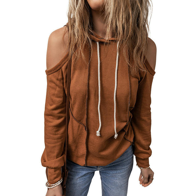 Women's Casual Long Sleeve Cold Shoulder Drawstring Hoodie Sweatshirts Pullover