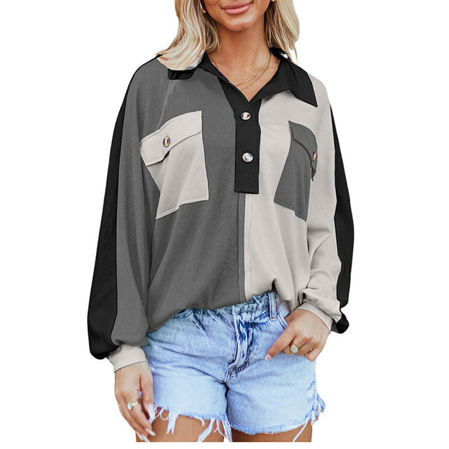 Womens Color Block Long Sleeve Shirts V Neck Collared Pullover Top