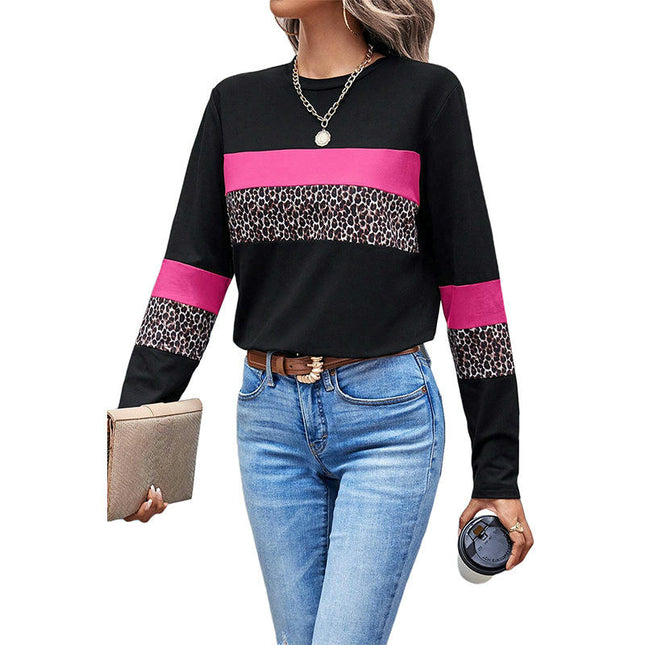 Women's Leopard Print Color Block T Shirts Crew Neck Long Sleeve Causal Tops