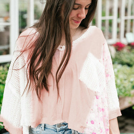 Womens Loose Crochet Hollow Out Long Sleeve V Neck Patchwork Tops