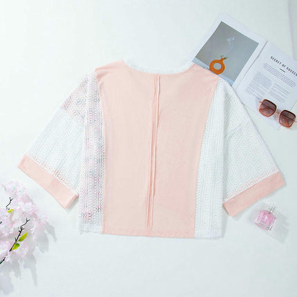 Womens Loose Crochet Hollow Out Long Sleeve V Neck Patchwork Tops