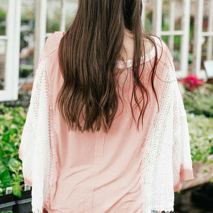 Womens Loose Crochet Hollow Out Long Sleeve V Neck Patchwork Tops