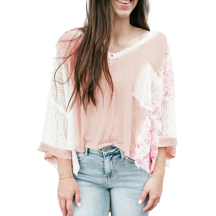 Womens Loose Crochet Hollow Out Long Sleeve V Neck Patchwork Tops