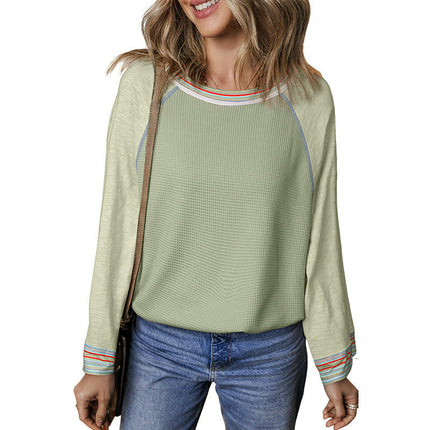 Womens Color Block Crew Neck Tops Long Sleeve Casual Loose Tshirts