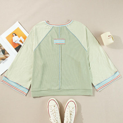 Womens Color Block Crew Neck Tops Long Sleeve Casual Loose Tshirts