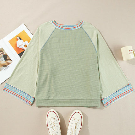 Womens Color Block Crew Neck Tops Long Sleeve Casual Loose Tshirts