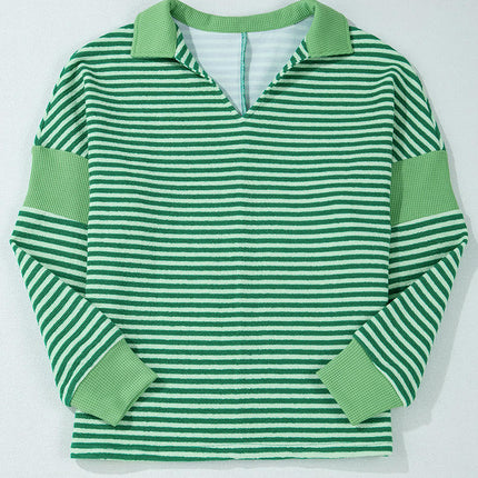 Womens Stripe Pullover Collared V Neck Long Sleeve Loose Tops