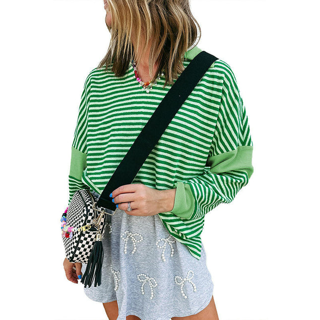 Womens Stripe Pullover Collared V Neck Long Sleeve Loose Tops