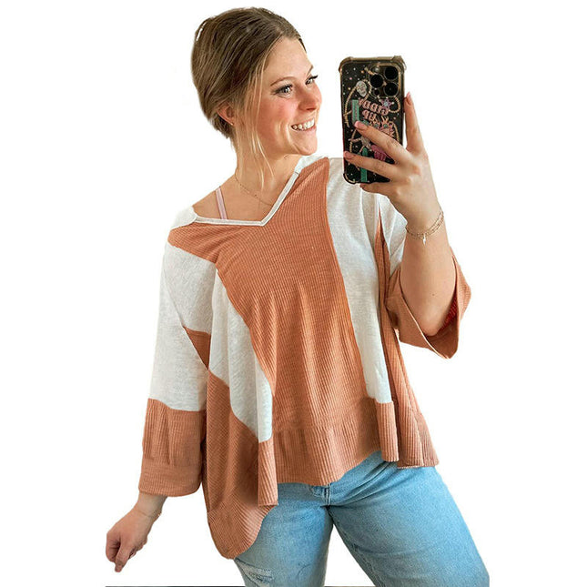 Womens Oversized Fashion Color Block 3/4 Sleeve V Neck T Shirts Casual Loose Tops