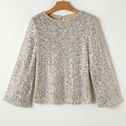 Sequin Tops for Women Long Sleeve Crew Neck Sparkly Glitter Backless Shirts