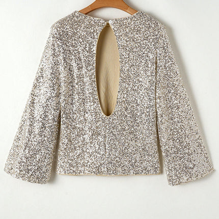 Sequin Tops for Women Long Sleeve Crew Neck Sparkly Glitter Backless Shirts