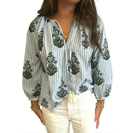 Womens Tops Casual 3/4 Sleeve Shirts V Neck Loose Casual Blouses Floral Print Tshirts