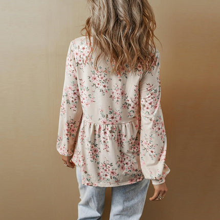 Women Puff Long Sleeve Shirts Square Neck Casual Floral Print Tunic Tops