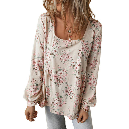 Women Puff Long Sleeve Shirts Square Neck Casual Floral Print Tunic Tops
