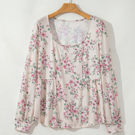 Women Puff Long Sleeve Shirts Square Neck Casual Floral Print Tunic Tops