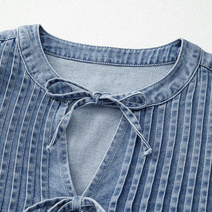 Women Bow Tie Front Denim Pullover Loose Fit Long Sleeve Babydoll Shirts Jean Tunic Top