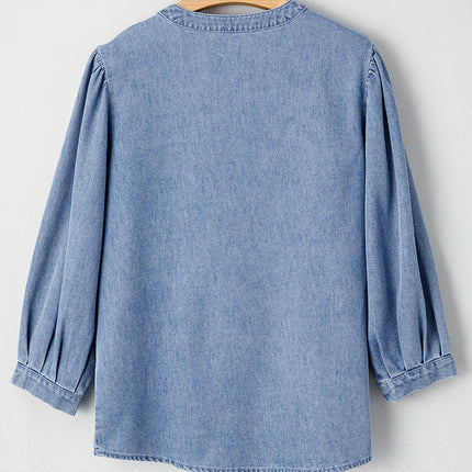 Women Bow Tie Front Denim Pullover Loose Fit Long Sleeve Babydoll Shirts Jean Tunic Top